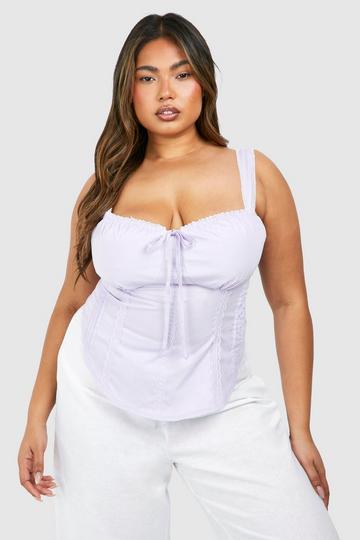 Lilac Purple Plus Lace Detail Tie Front Cotton Corset Top