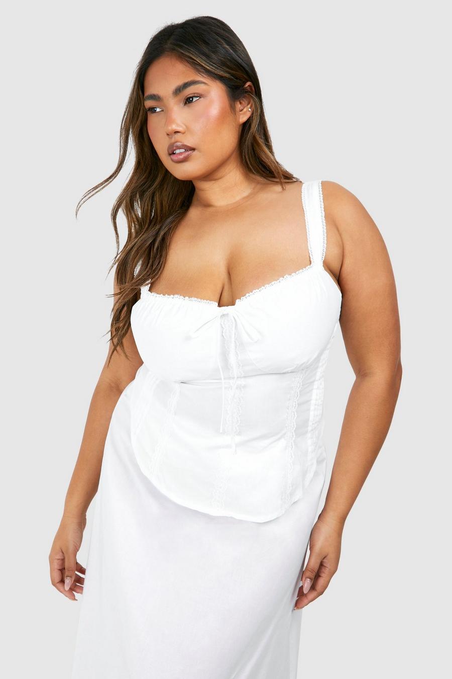 Top a corsetto Plus Size in cotone con laccetti frontali e dettagli in pizzo, White image number 1