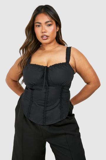 Black Plus Lace Detail Tie Front Cotton Corset Top