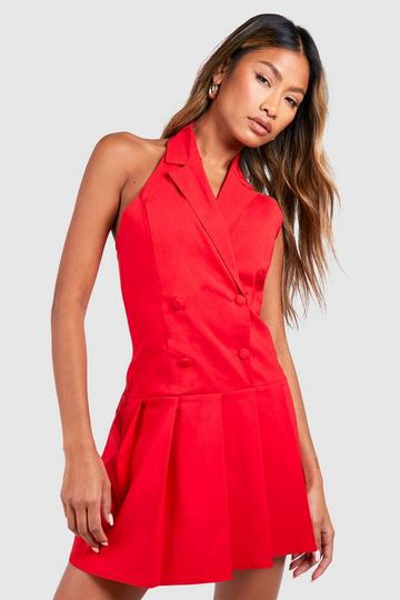 Halterneck Bengaline Pleated Mini Dress red