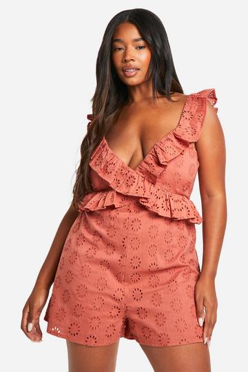 Plus Ruffle Eyelet Romper rust