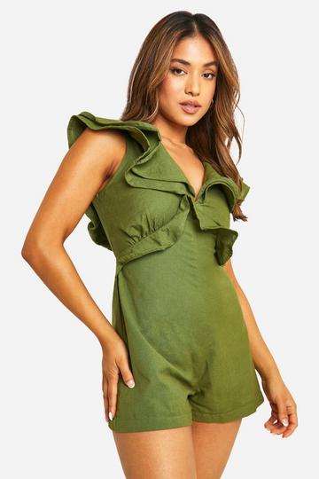 Petite Frill Detail Playsuit khaki