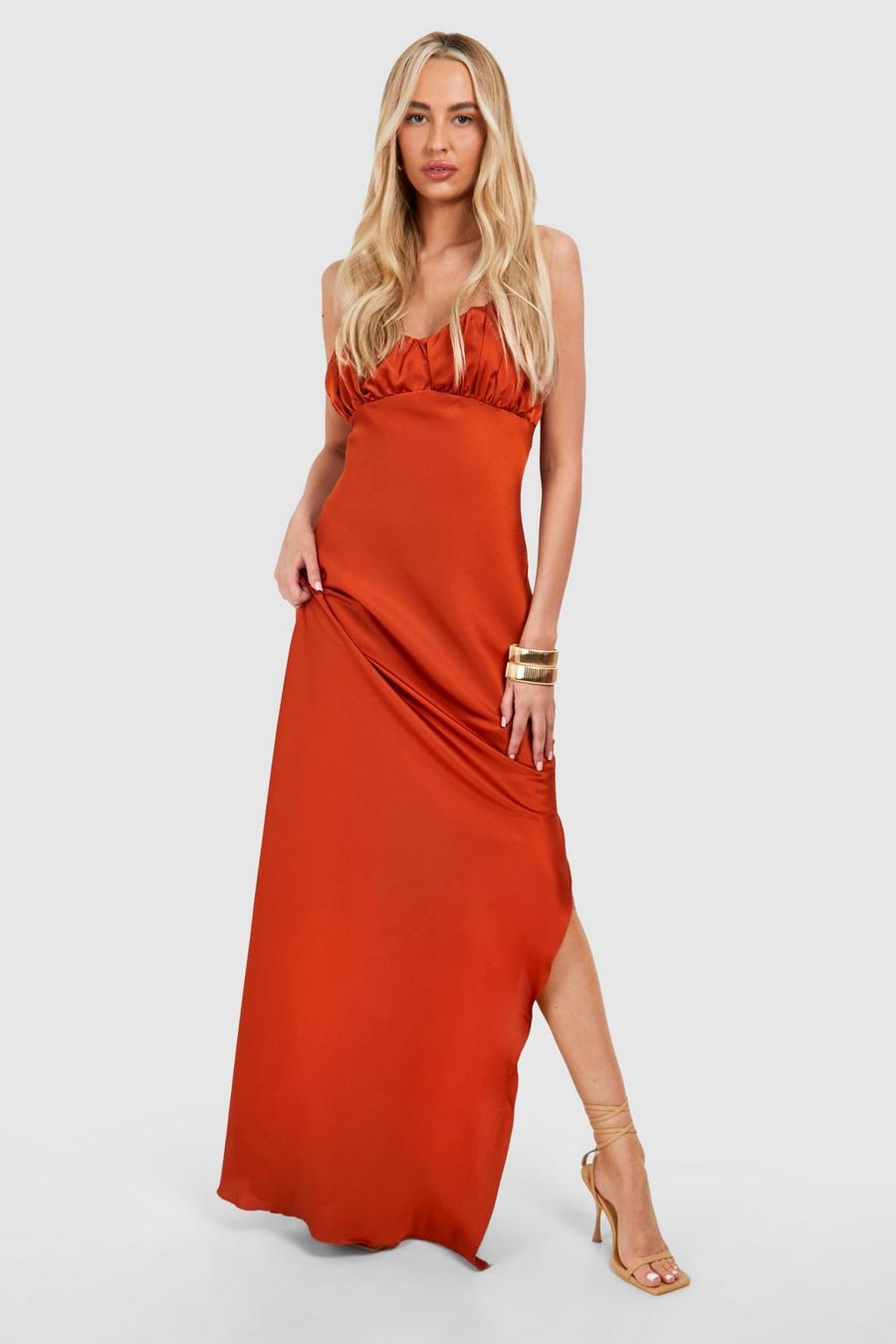 Terracotta Tall Satin Bust Detail Maxi MANLY Dress  image number 1