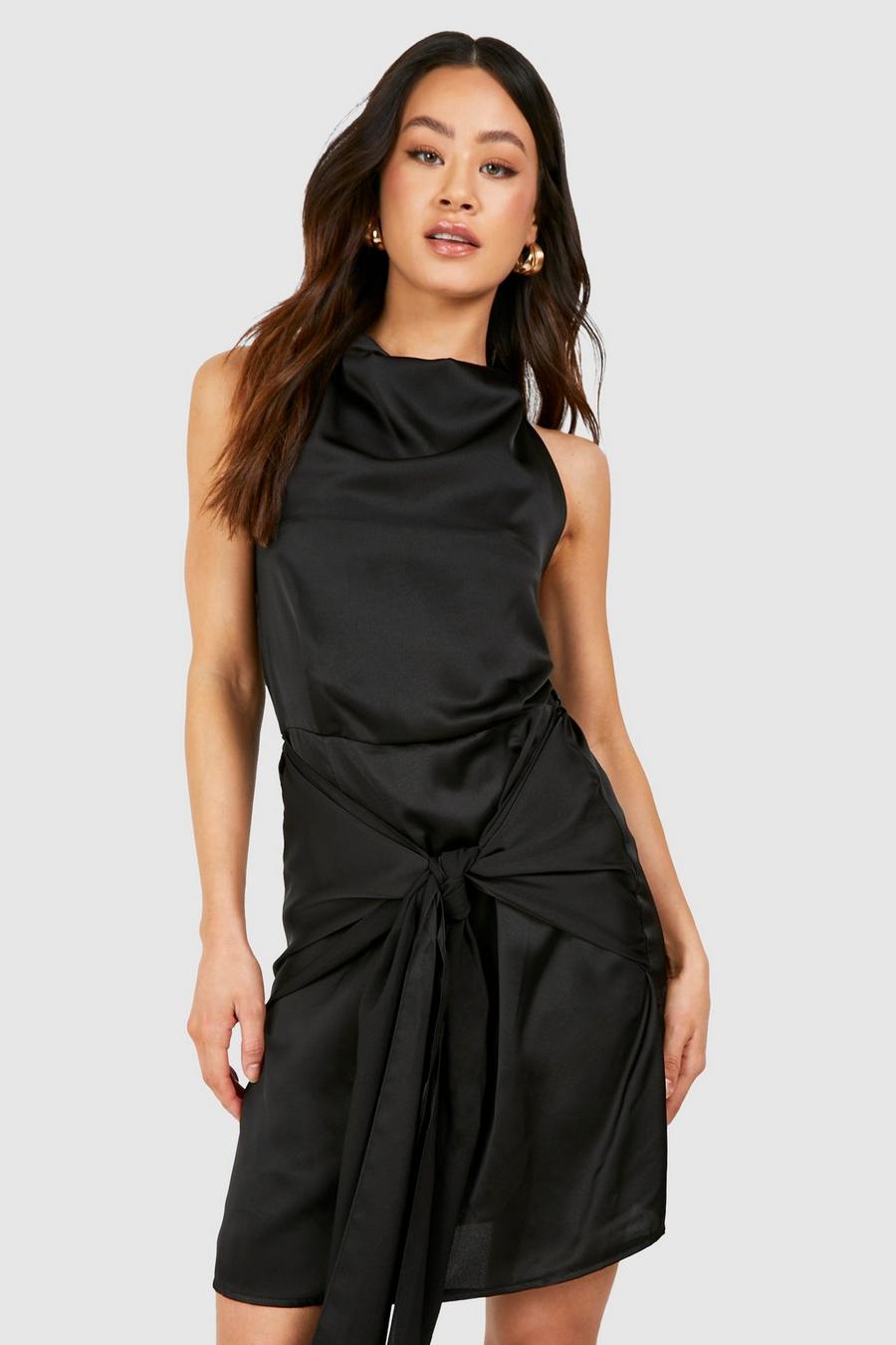 Black Tall Satin Halterneck Wrap Mini Dress