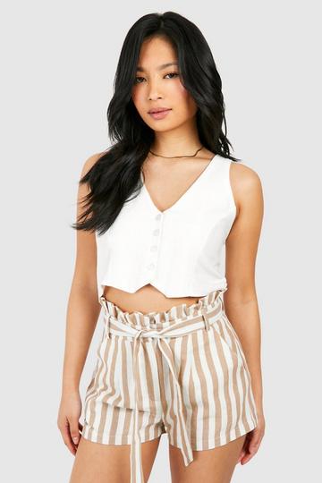 Petite Striped Paperbag Waist Shorts cream