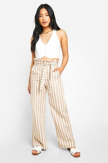 Cream White Petite Striped Paperbag Waist Trouser