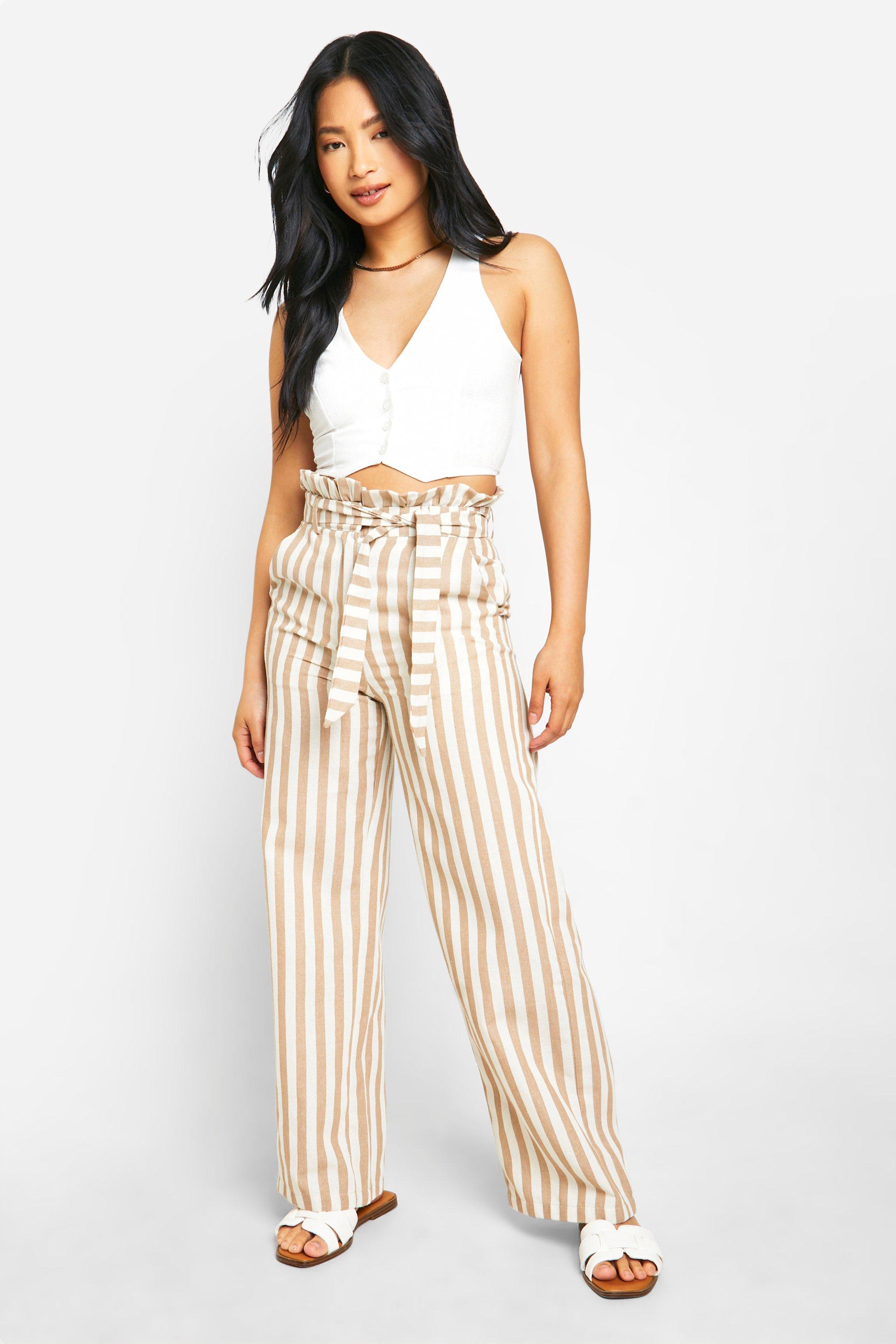 boohoo Petite Striped Paperbag Waist Pants White Size 2