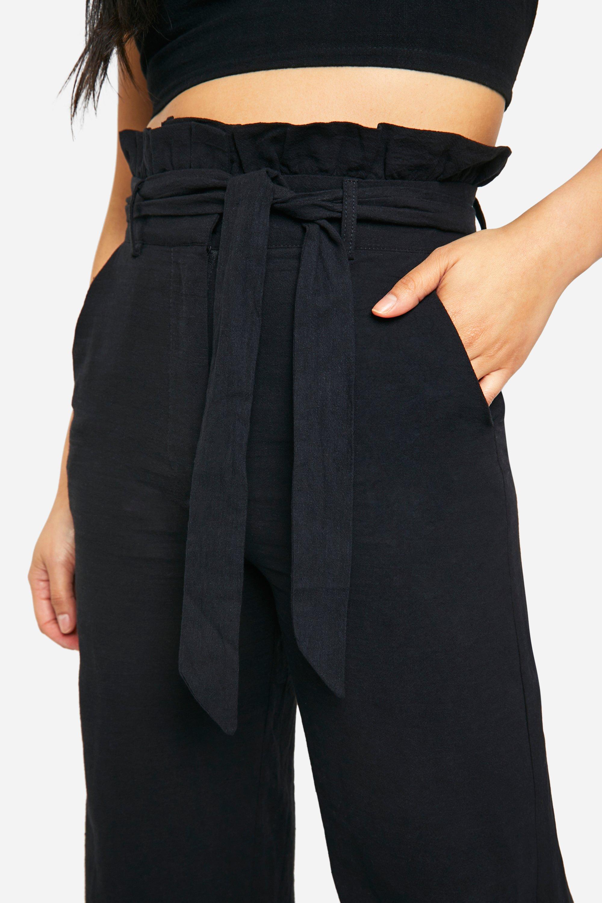 boohoo Women s Petite Paperbag Waist Pants Blue Straight Leg Pants