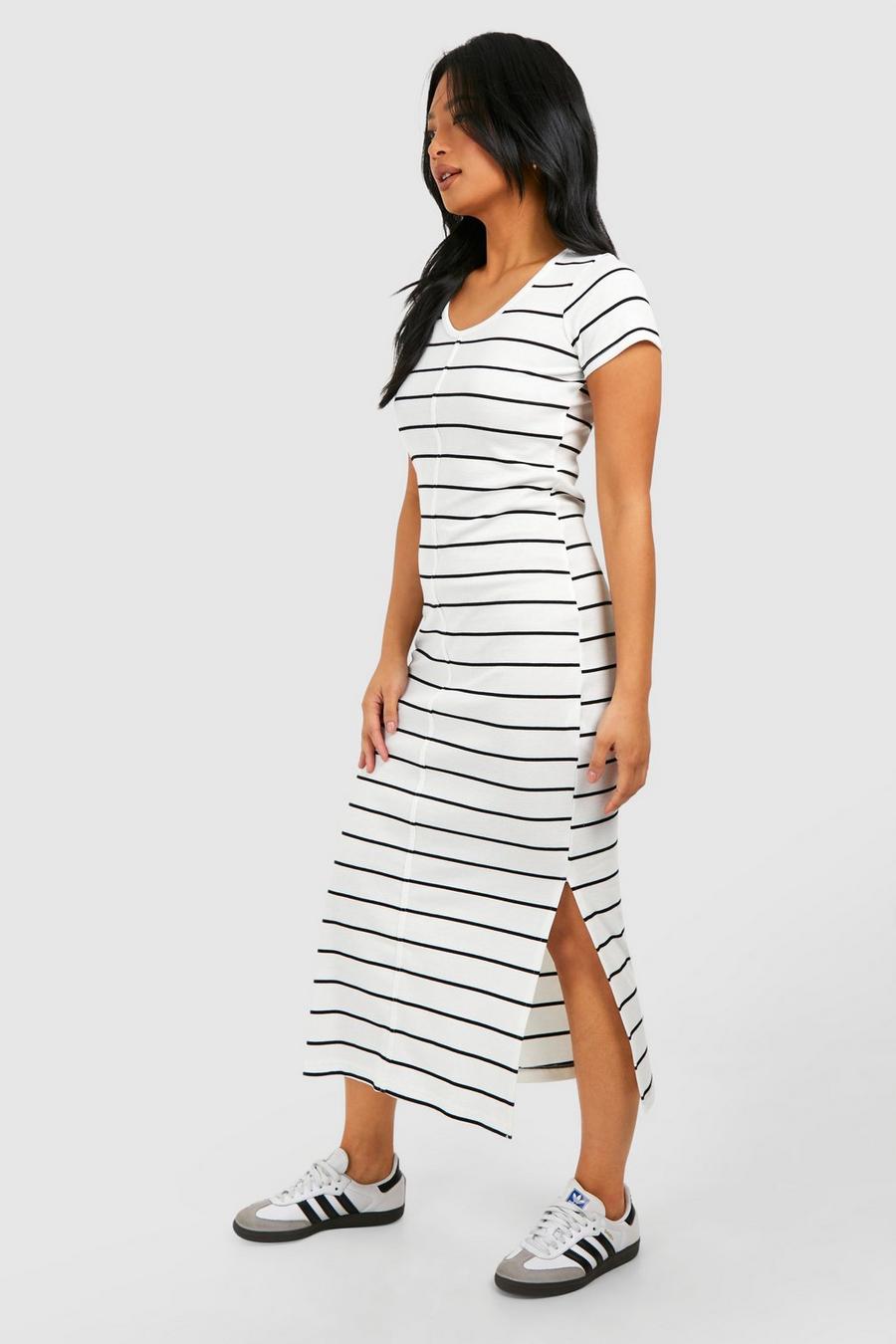 White Petite Stripe Rib Midi Dress image number 1