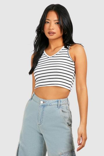 Petite V Neck Stripe Tank Top white