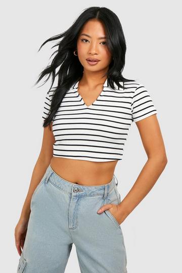 Petite Stripe Rib Cropped Polo Top white