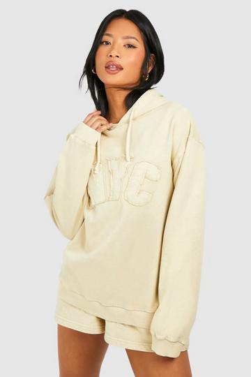 Stone Beige Petite Washed Nyc Self Applique Oversized Hoodie