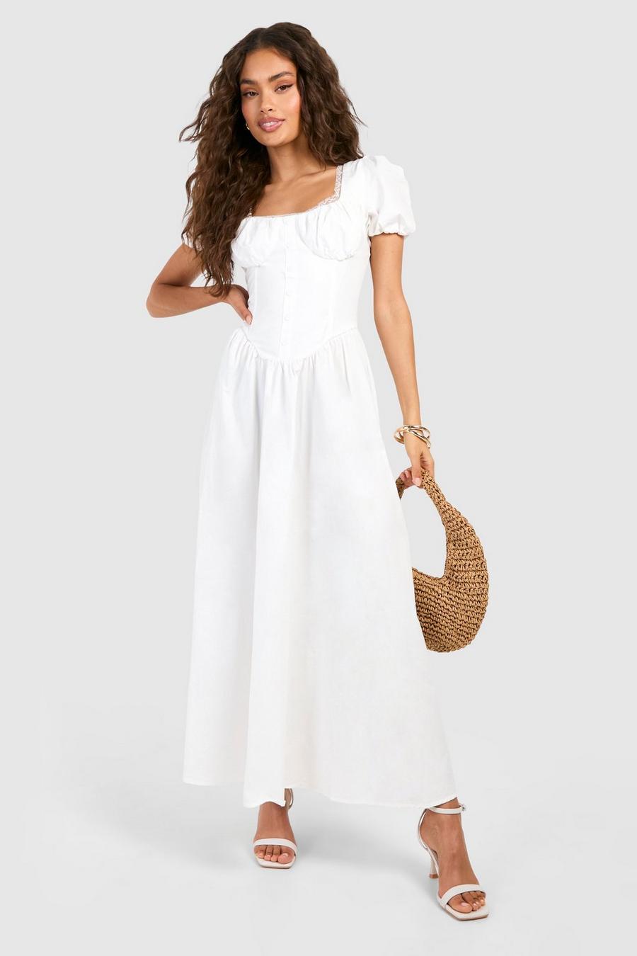 White Puff Sleeve Milkmaid Midi Dress