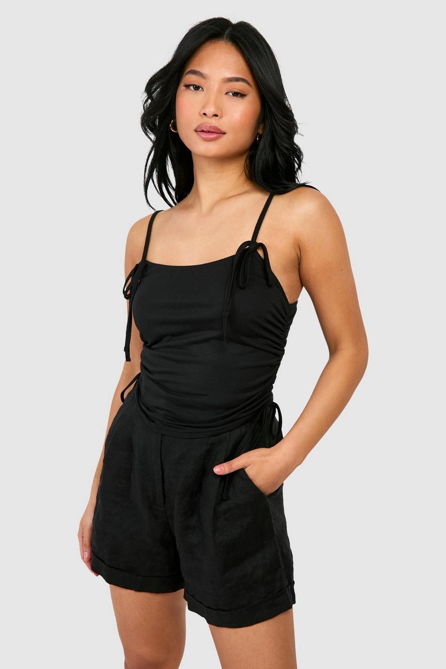 Black Petite Bow Strap Detail Ruched Cami image number 1