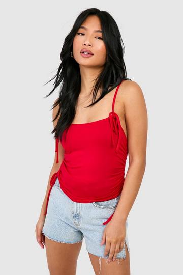 Red Petite Bow Strap Detail Ruched Cami