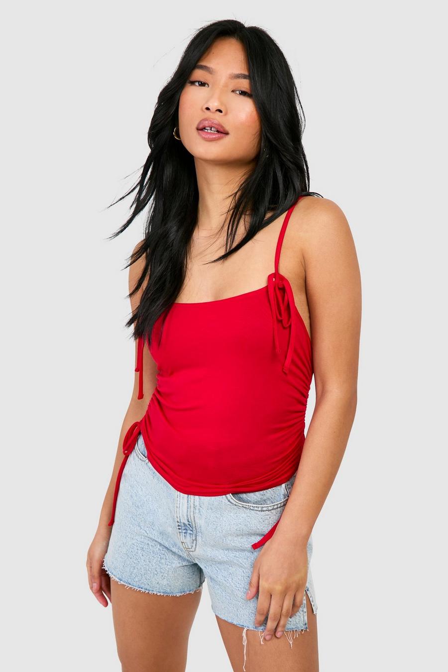 Red Petite Bow Strap Detail Ruched Cami 