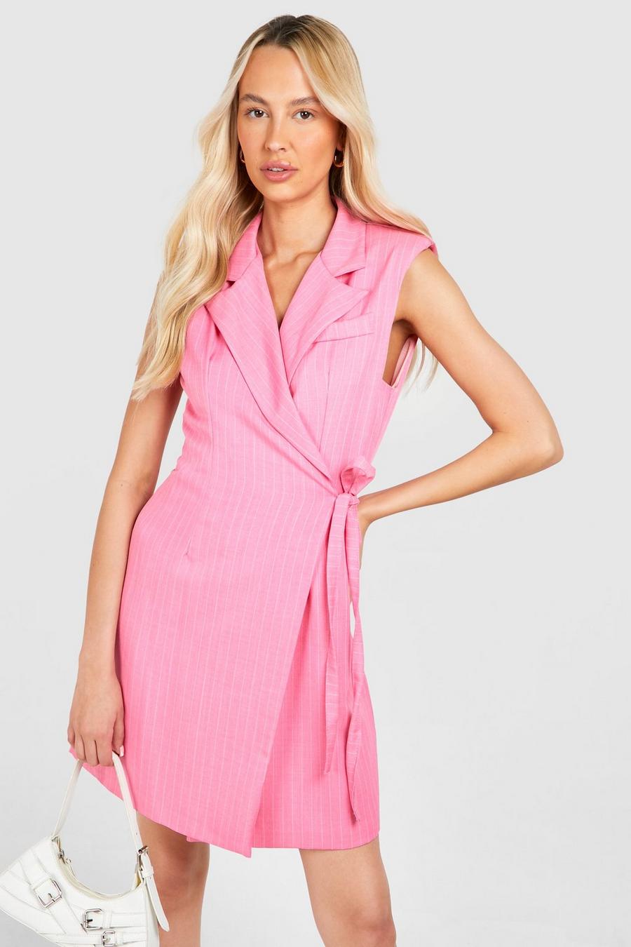 Pink Tall Woven Pinstripe Sleeveless Blazer Perkins Dress  image number 1