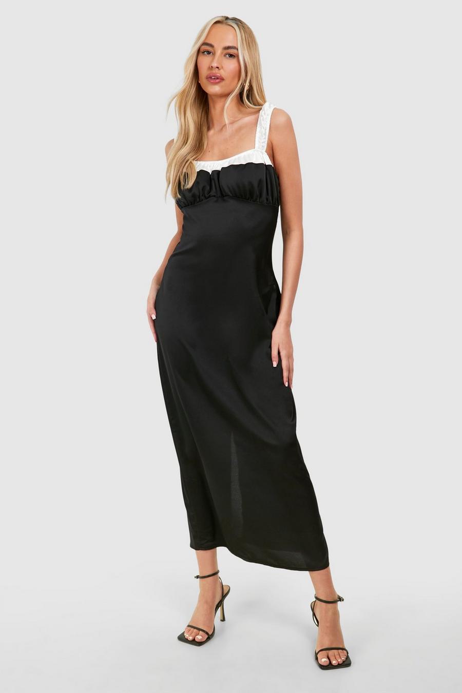 Black Tall Satin Contrast Detail Midi Dress