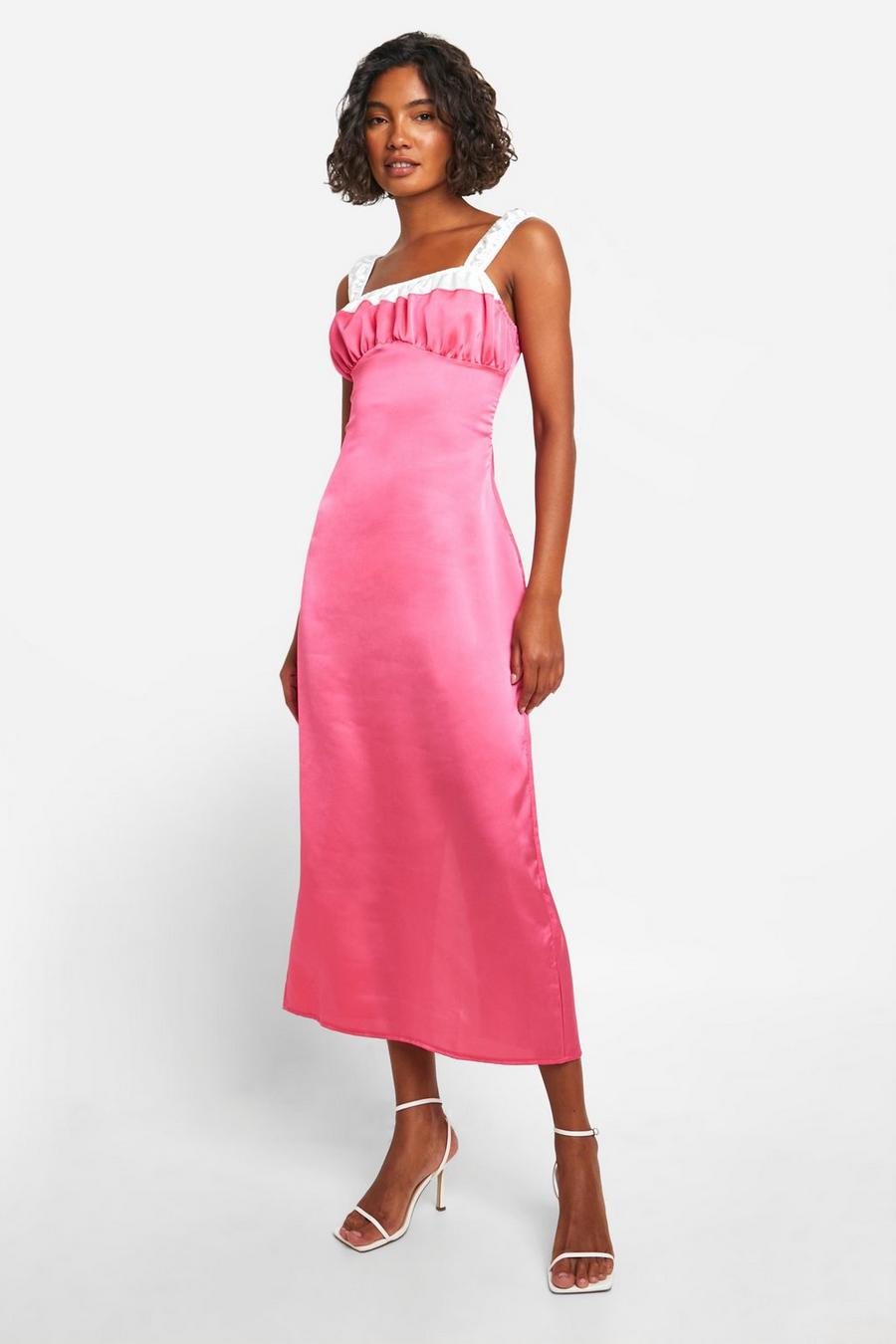 Pink Tall Satin Contrast Detail Midaxi Dress image number 1