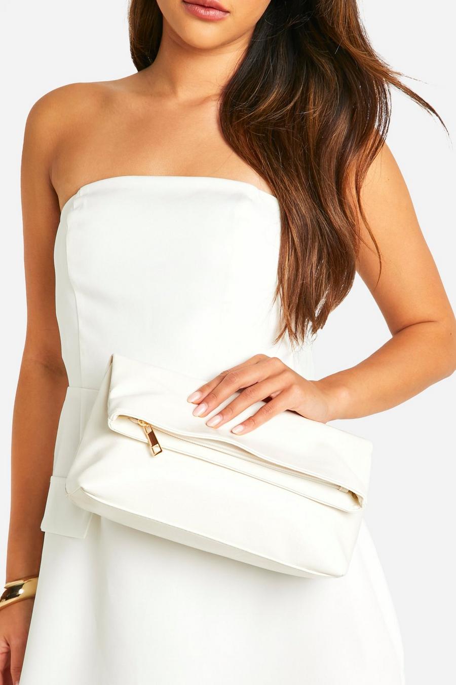 White Large Fold Over Clutch Bag 