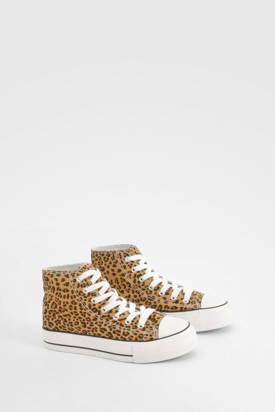 Leopard Print Platform High Top Lace Up Trainers  image number 1