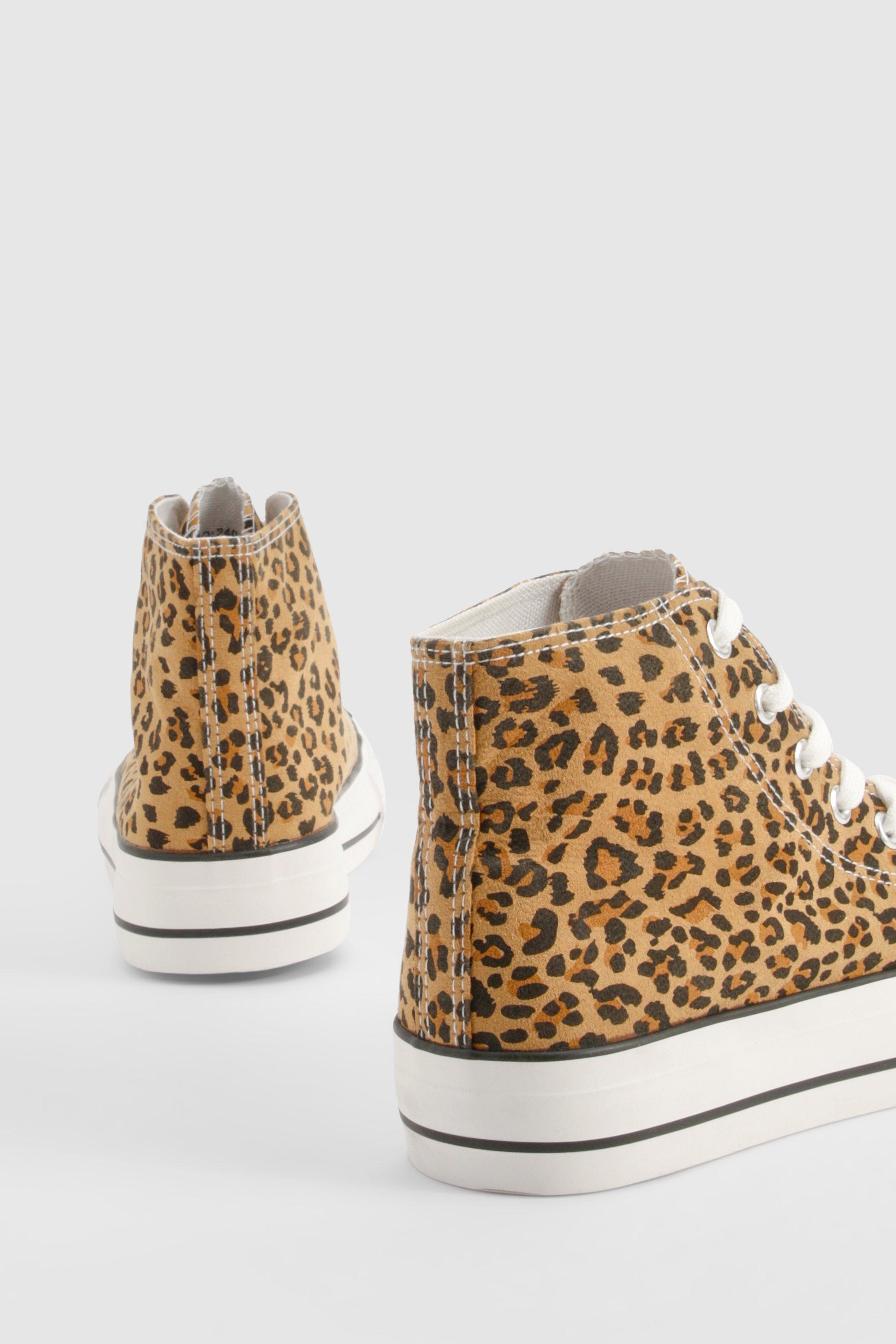 Boohoo Women s Leopard Print Platform High Top Lace Up Trainers Multi