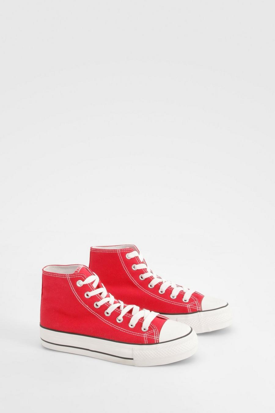 Red Platform High Top Lace Up Trainers   