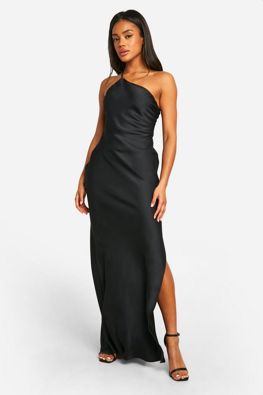 Black Satin Asymmetric Strap Maxi Dress