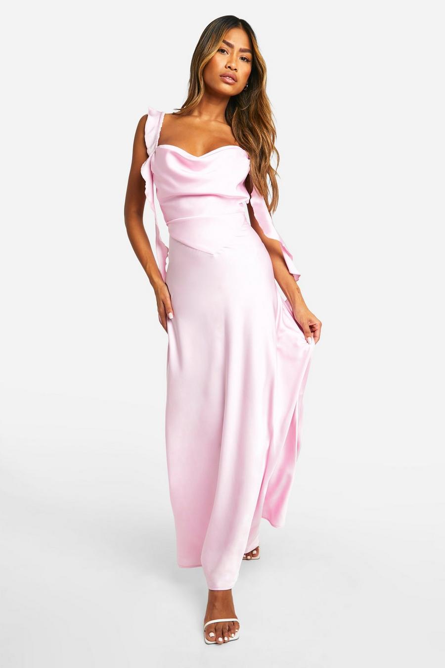 Pink Satin Frill Strap Maxi Dress