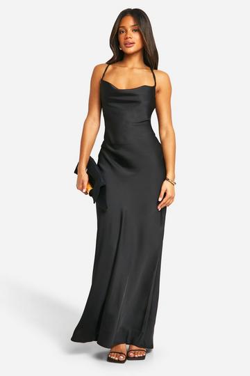 Black Satin Twist Strap Detail Midaxi Dress