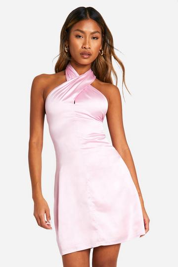 Satin Twist Neck Mini Dress pink