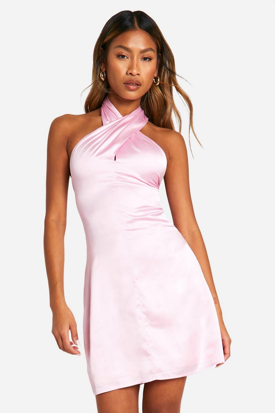 Pink Satin Twist Neck Mini Dress