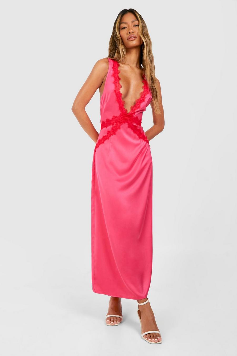 Pink Contrast Lace Midi Dress