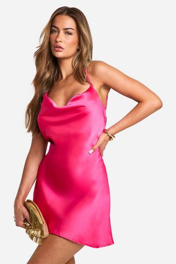 Pink Satin Twist Strap Detail Mini Dress