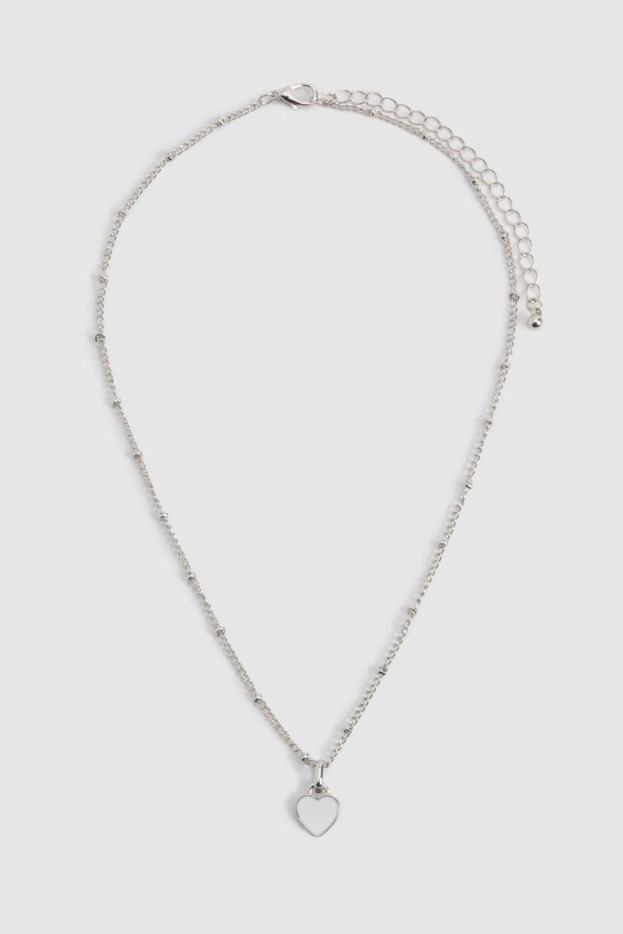 Halskette mit weißem Enamel-Herz, Silver