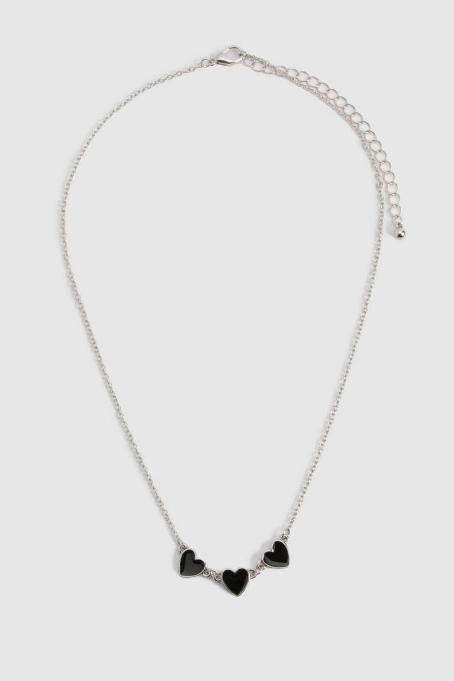 Silver Black Enamel Triple Heart Detail Necklace 