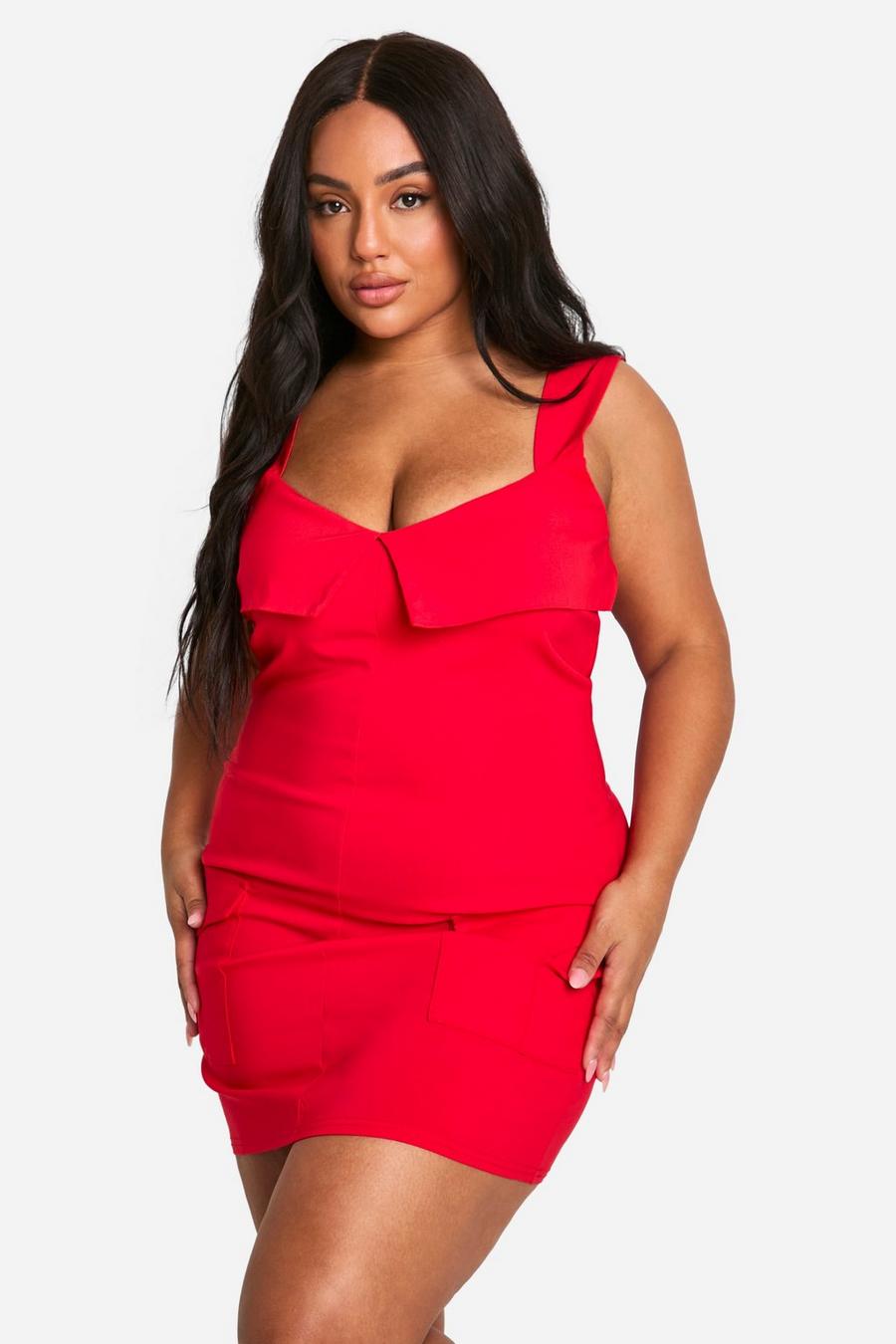 Vestido Plus ajustado utilitario con detalle de bengalina, Red image number 1