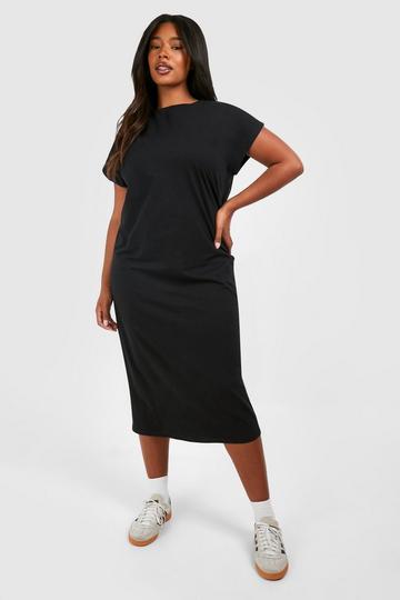 Plus Katoenen Elastan Midaxi T-Shirtjurk Met Kapmouwen black