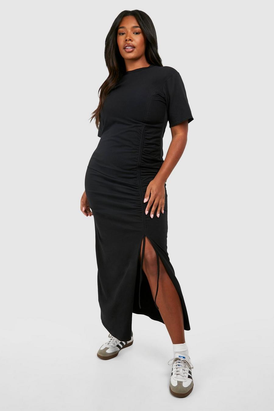 Black Plus Cotton Ruched T-shirt Midaxi Dress image number 1