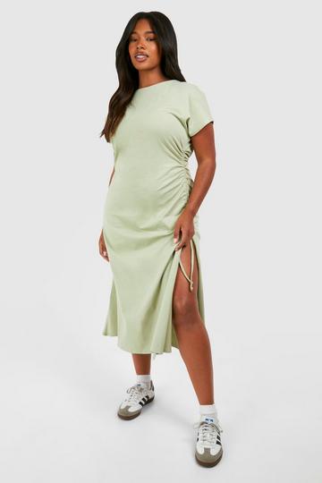 Sage Green Plus Cotton Ruched T-shirt Dress