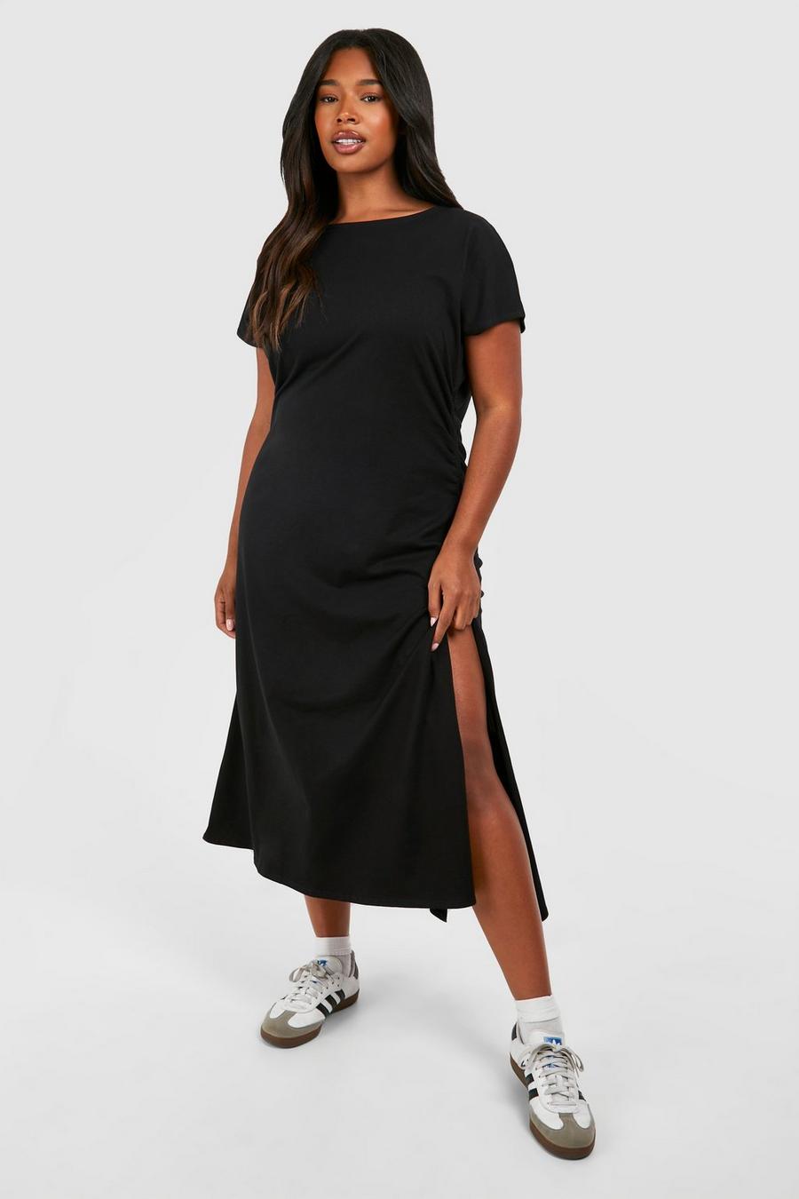 Black Plus Cotton Ruched T-shirt Dress