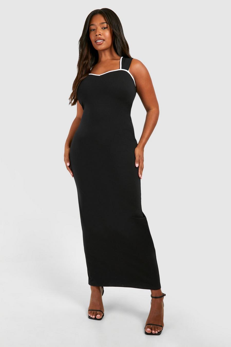 Grande taille - Robe longue à col en cœur contrastant, Black