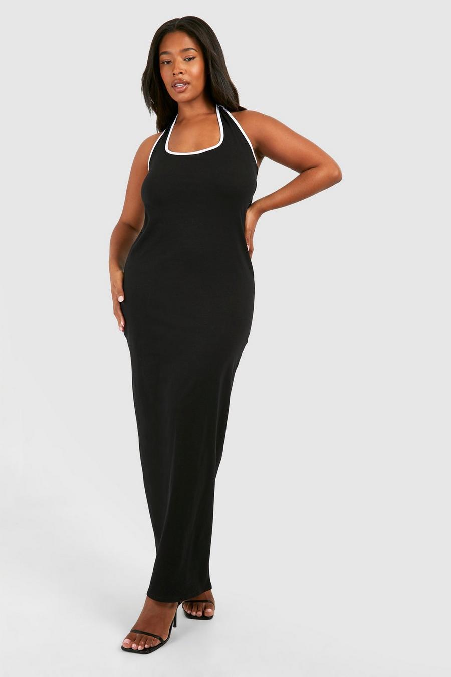 Black Plus Cotton Elastance Halterneck Contrast Maxi Dress