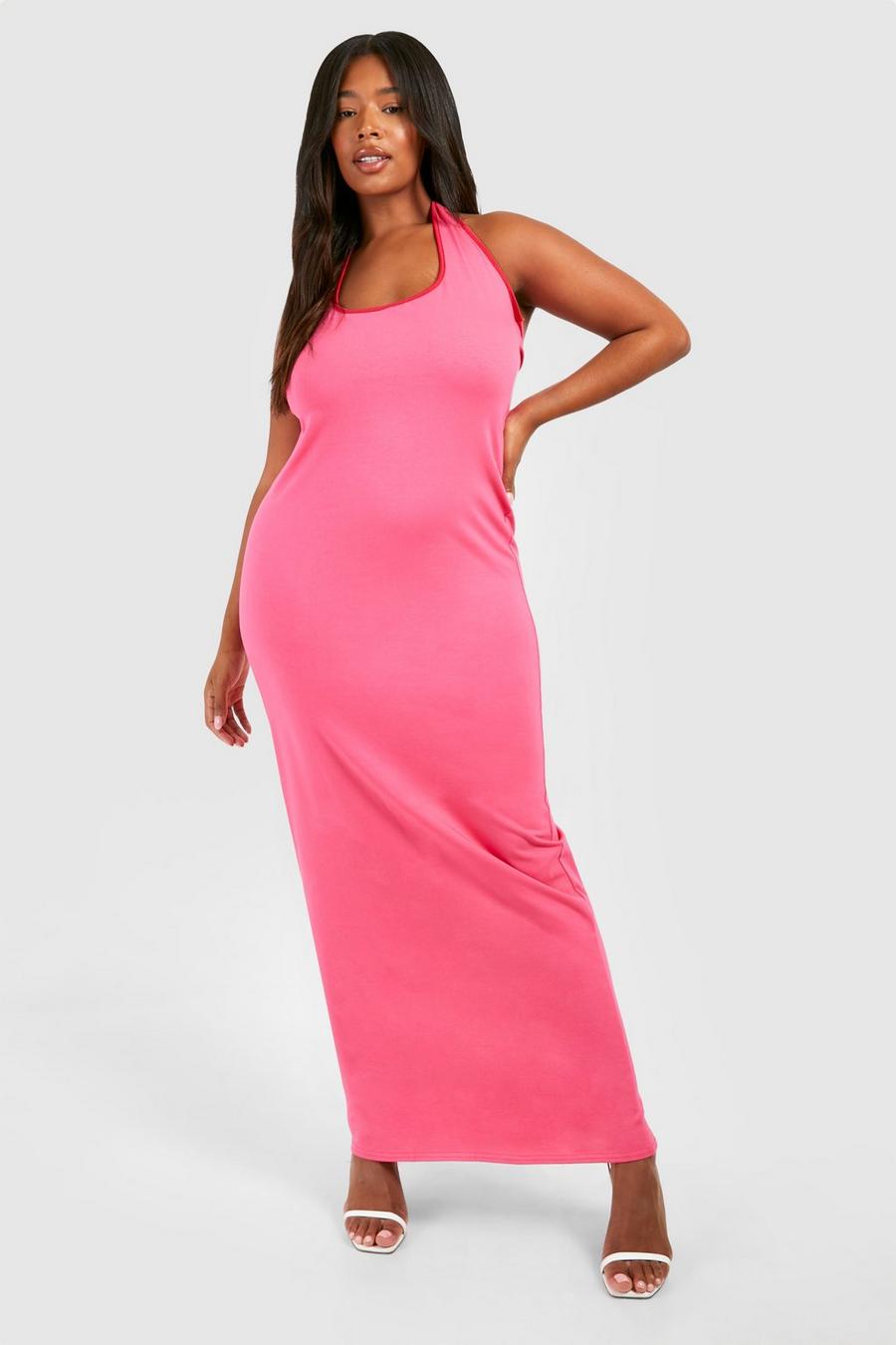 Hot pink Plus Cotton Elastance Halterneck Contrast Maxi Dress image number 1