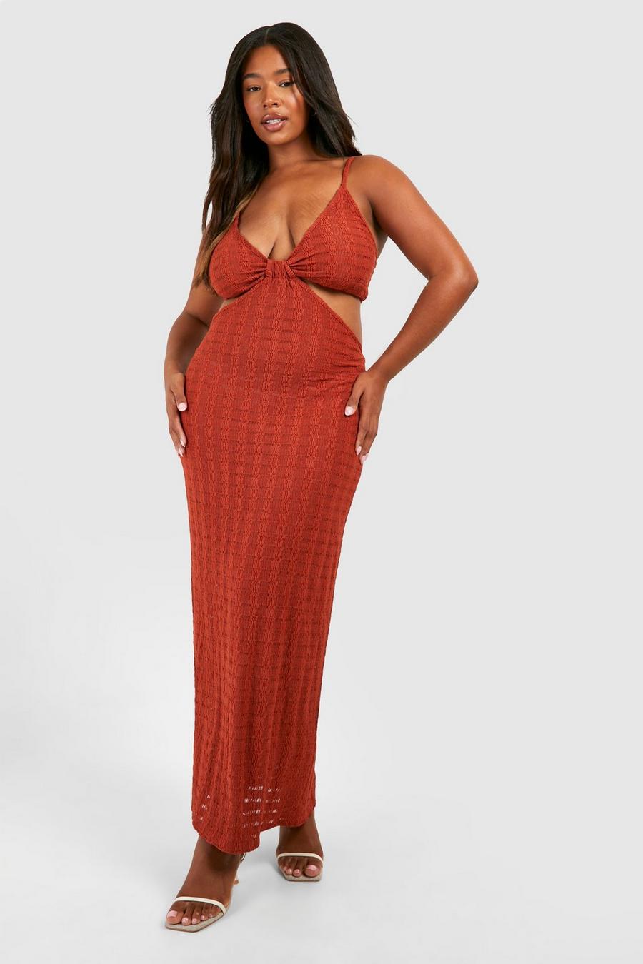 Rust Plus Jersey Knit Knitted Strappy Beach Maxi Dress image number 1