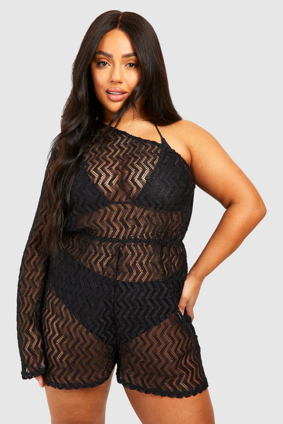 Black Plus Jersey Knit Knitted One Shoulder Beach Romper