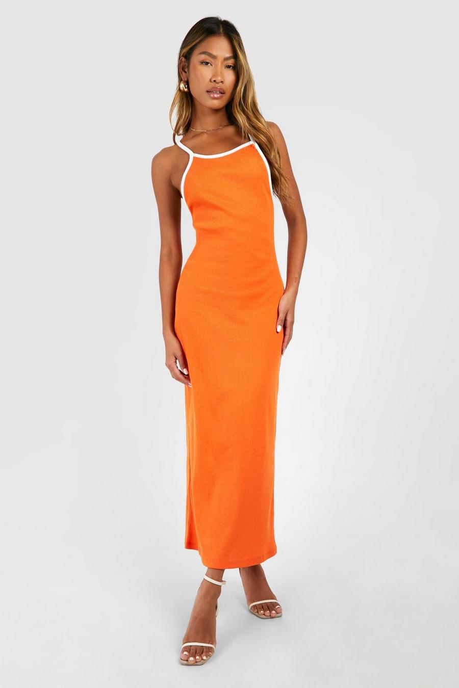 Orange Linen Look Shirred Bandeau Maxi Dress