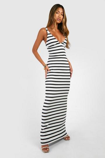 V Neck Plunge Stripe Maxi Dress black