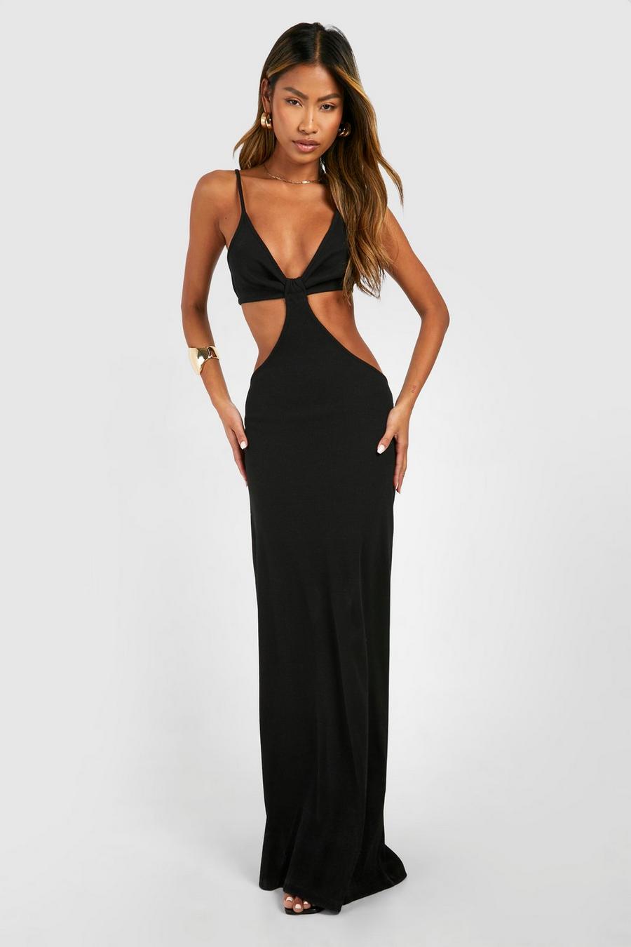 Black Cut Out Rib Strappy Maxi Dress image number 1