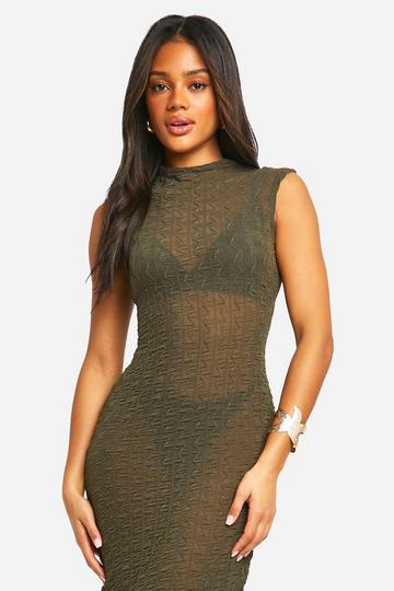 Funnel Neck Textured Cap Sleeve Midaxi Dress khaki